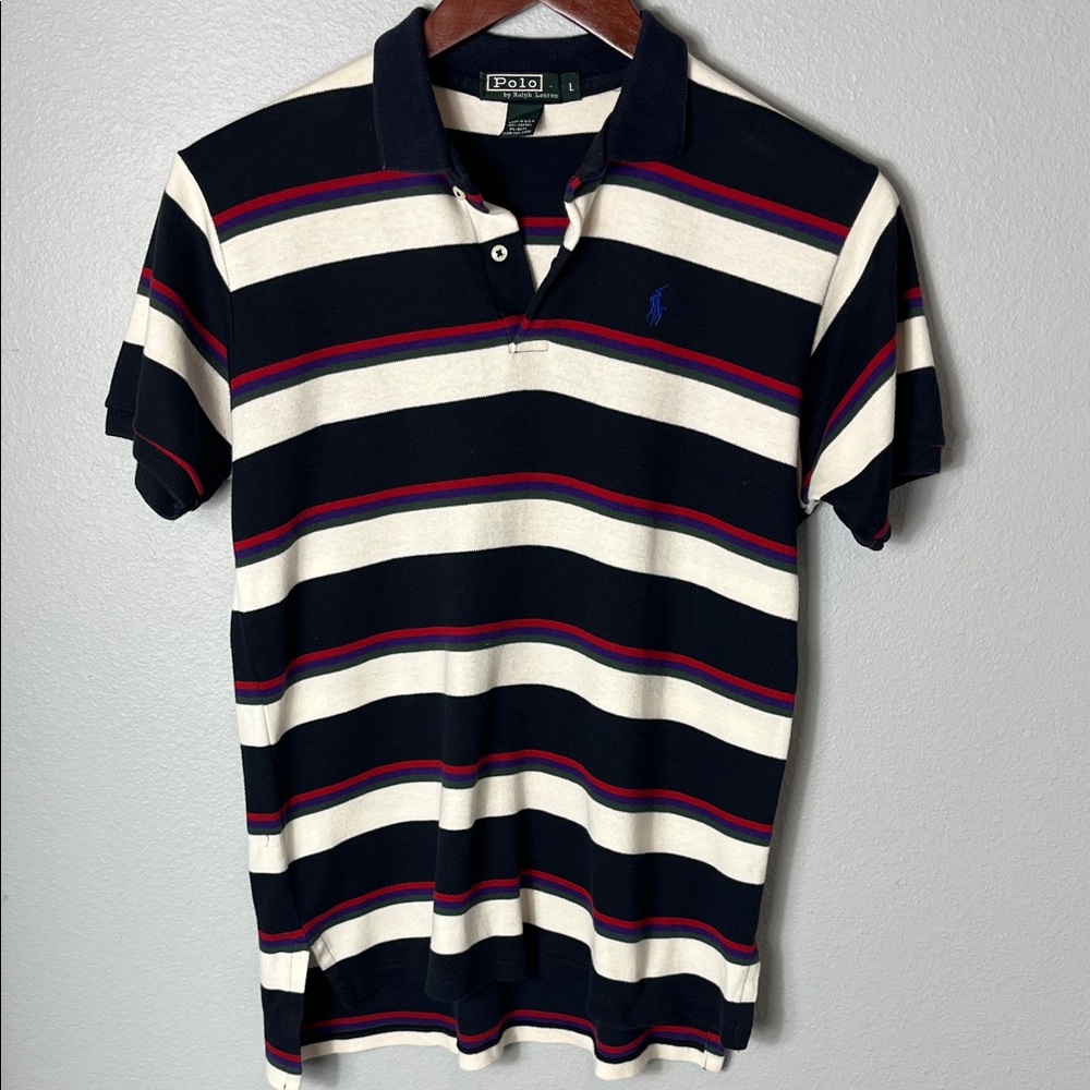 Polo by Ralph Lauren Men's Polo Shirt - Navy, Cream, Red Stripes